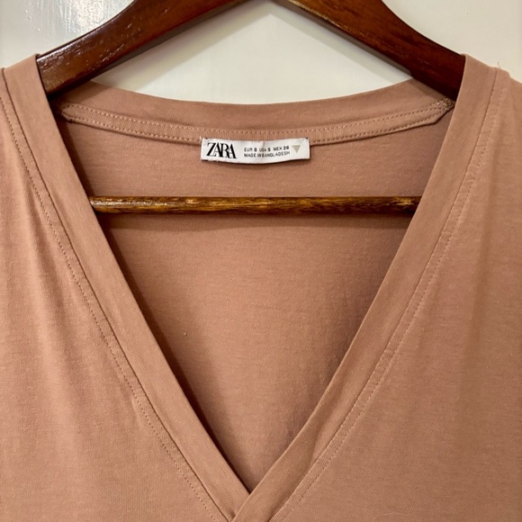 Zara| Soft V-Neck Brown Short Sleeve Cropped Tee Sz S - Picture 1 of 4